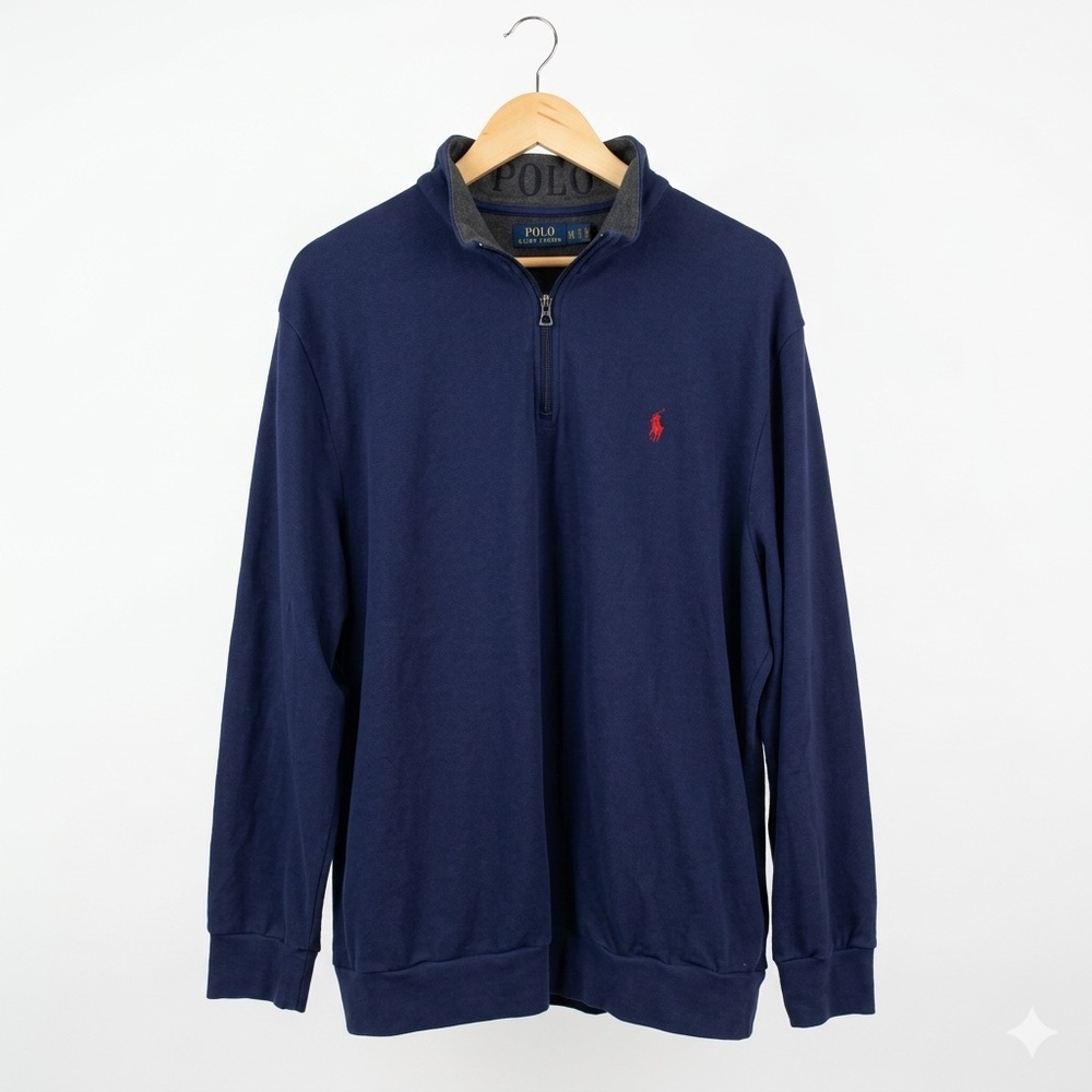 Polo Ralph Lauren Navy Blue Pique 1/4 Zip Pullover XXL Red Pony